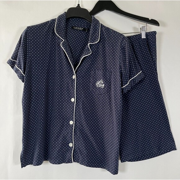 Lauren Ralph Lauren Pajamas Womens Large Shorts Navy Blue Polka Dot Preppy Sleep - Picture 1 of 10
